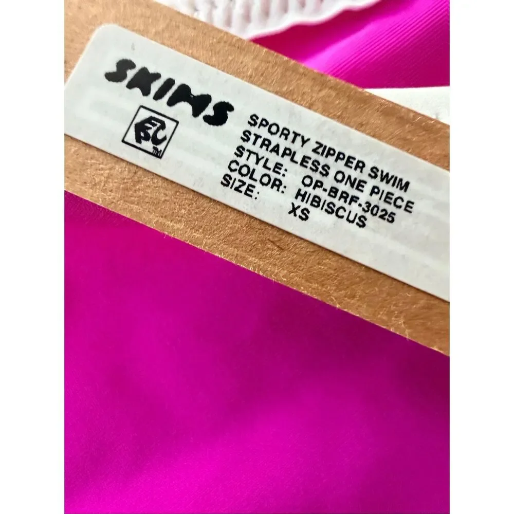 SKIMS Sporty Strapless One Piece Swimsuit Hibiscus Pink Size XS Zip Front Style